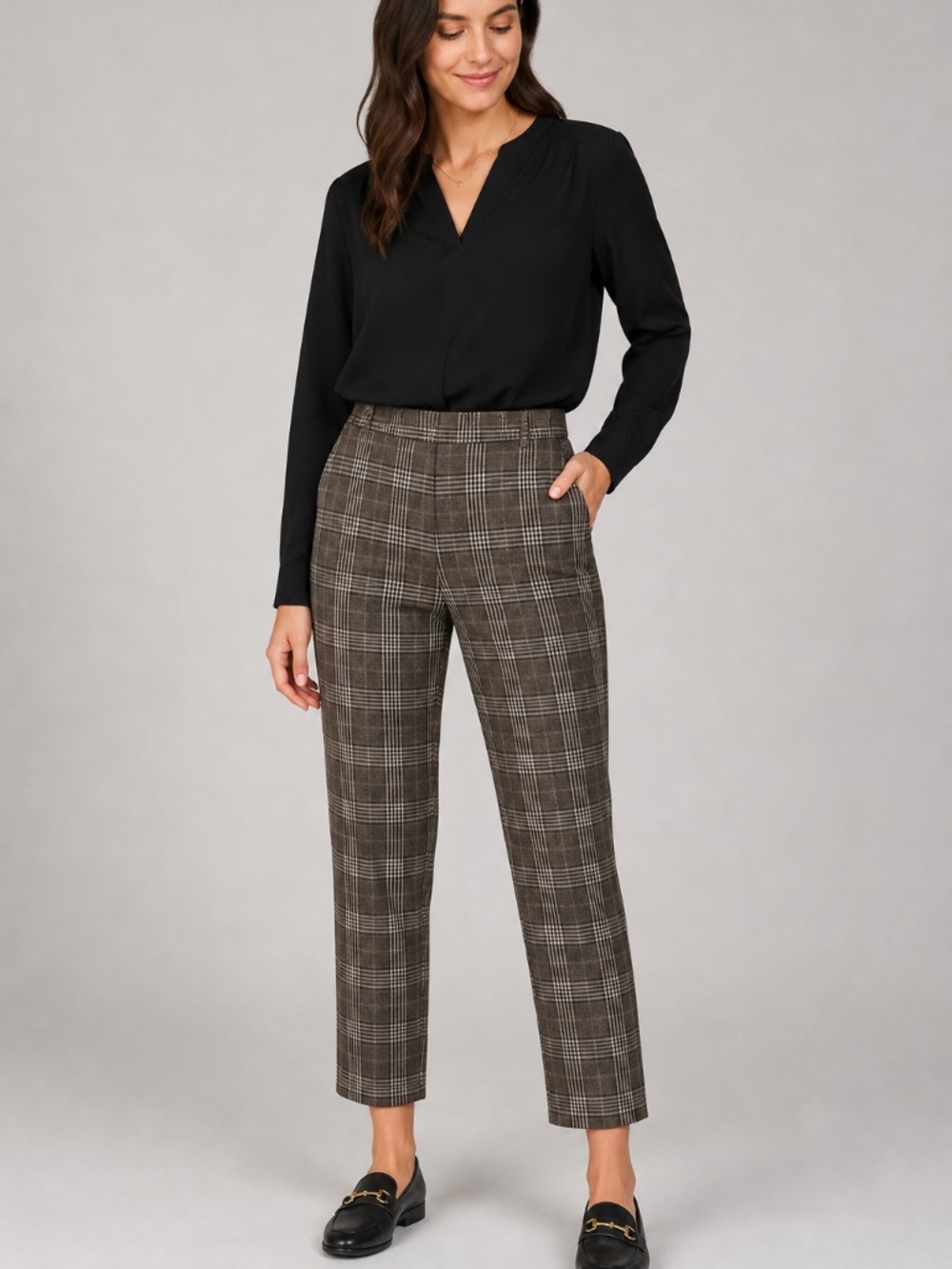 H&M Brown Plaid Trousers Size 12 Dark Academia Career Workwear Slim Straight❤️